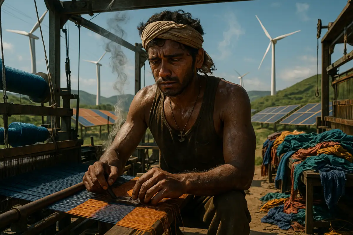 తలపాగా కట్టుకున్న కమ్మరి చెమట పట్టిన శరీరంతో నేత యంత్రంలో పని చేస్తూ, వెనుక విండ్‌మిల్స్ మరియు సోలార్ ప్యానెల్స్ కనిపిస్తున్న ఆధునిక కార్మిక వేదిక దృశ్యం