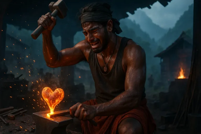 చెమట పట్టిన కమ్మరి సుత్తితో పని చేస్తూ, అతని ముందు హృదయ ఆకారంలో వెలుగుతున్న అగ్ని రేకులతో కనిపిస్తున్న భావోద్వేగ పని వేదిక దృశ్యం