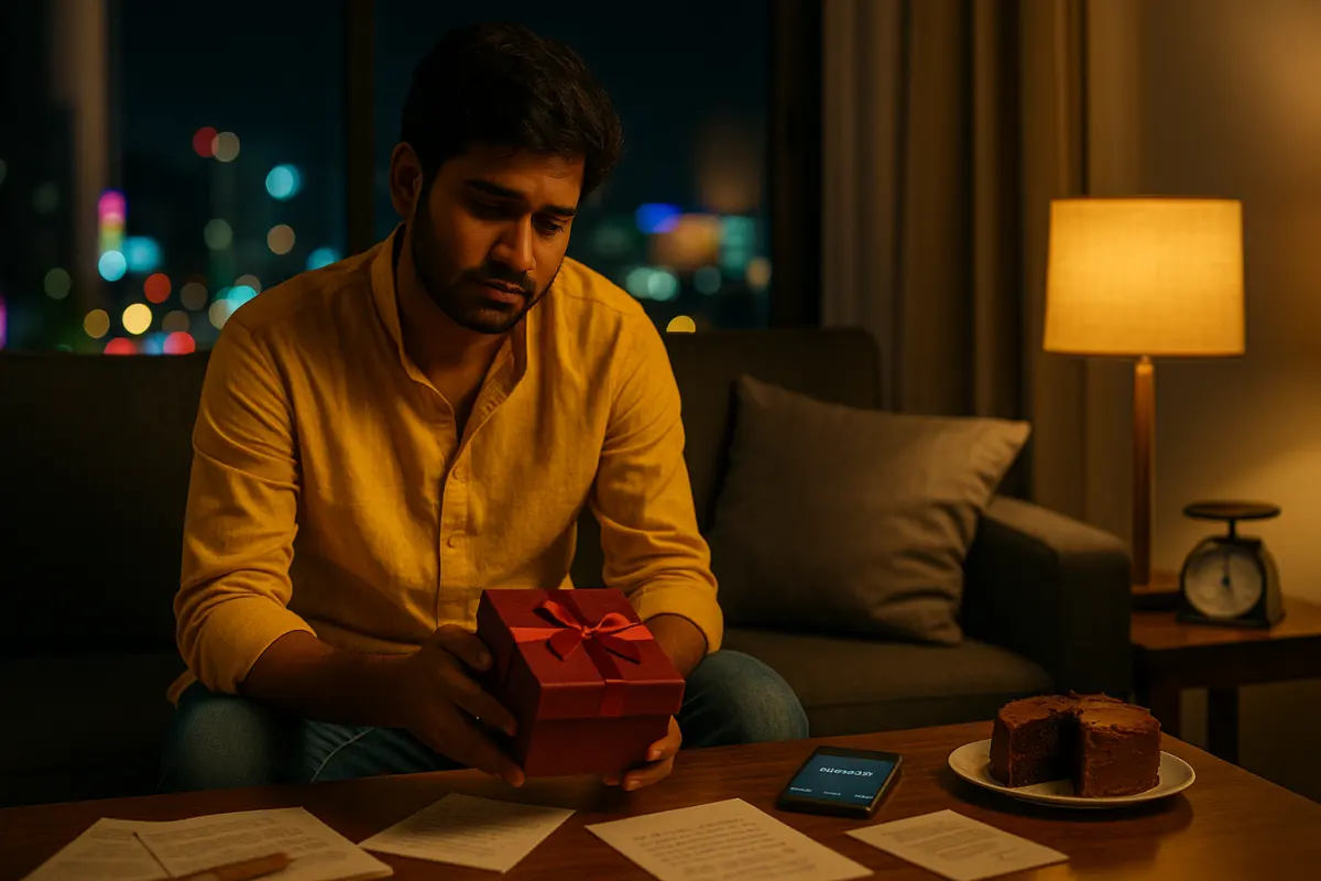 రాత్రి వేళల్లో డెస్క్‌పై కూర్చుని ఫోన్ చూస్తూ టెన్షన్‌లో ఉన్న వ్యక్తి, చుట్టూ రంగురంగుల స్టిక్కీ నోట్స్‌తో కూడిన దృశ్యం