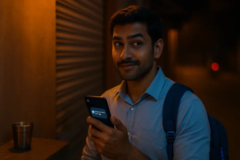 ఫోన్ చూస్తూ కొంచెం స్మైల్ తో ఉన్న అబ్బాయి