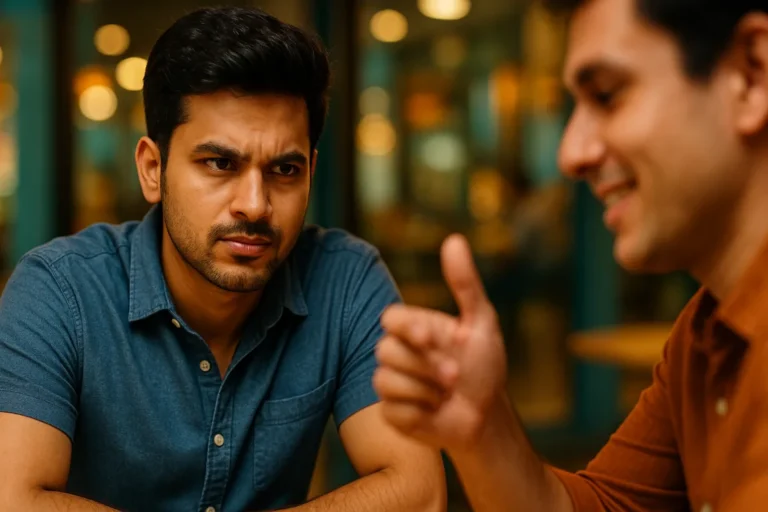 యువకుడు కళ్లతోనే అనుమానం వ్యక్తం చేస్తూ, ఎదురుగా మాట్లాడుతున్న వ్యక్తిని జాగ్రత్తగా గమనిస్తున్న సీన్