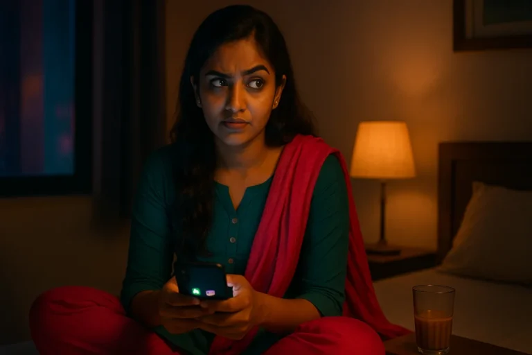 "రాత్రి గదిలో కూర్చుని ఫోన్ పట్టుకుని బిగ్ బాస్ తెలుగు చూస్తూ అసహనంగా ఉన్న యువతి"