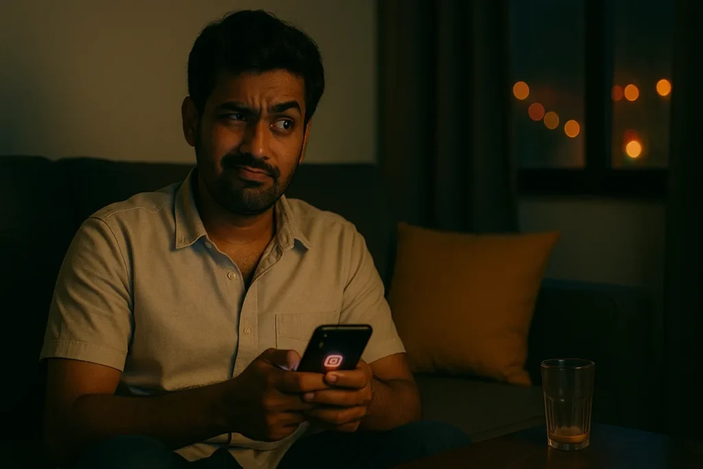 "సోఫాలో కూర్చుని మొబైల్‌లో బిగ్ బాస్ తెలుగు చూస్తూ అసహనం వ్యక్తం చేస్తున్న యువకుడు"