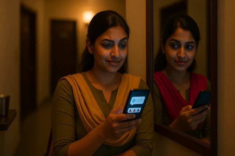 అద్దం ముందు నిలబడి ఫోన్ చూస్తున్న అమ్మాయి, రిఫ్లెక్షన్ కనిపిస్తోంది