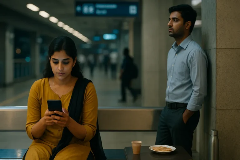 మెట్రో స్టేషన్‌లో కూర్చున్న అమ్మాయి ఫోన్‌లో బిజీగా, వెనక నిలబడ్డ అబ్బాయి నిరాశగా ఉన్న సీన్.