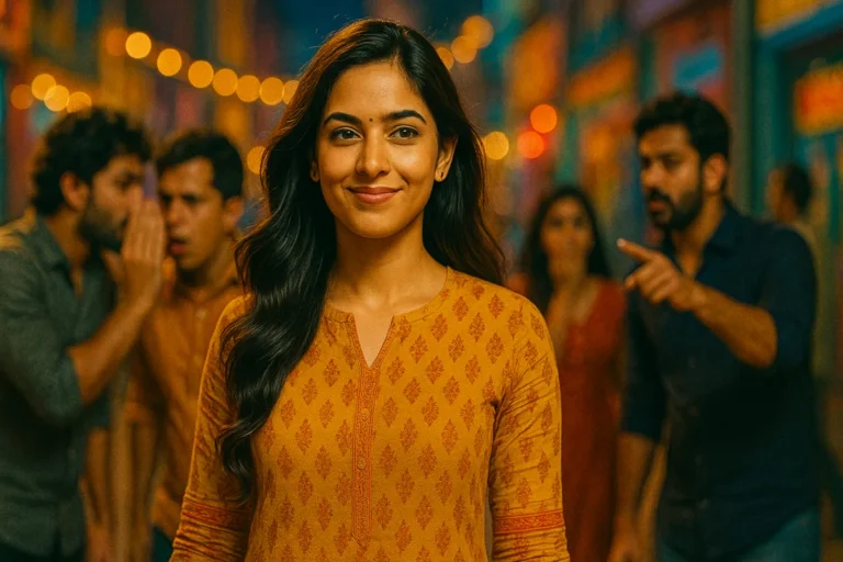 వెనకాల కొందరు గుసగుసలు పడుతుంటే, ముందువైపు ఒక అమ్మాయి కాన్ఫిడెంట్‌గా స్మైల్ చేస్తూ ముందుకు నడుస్తున్న సీన్.