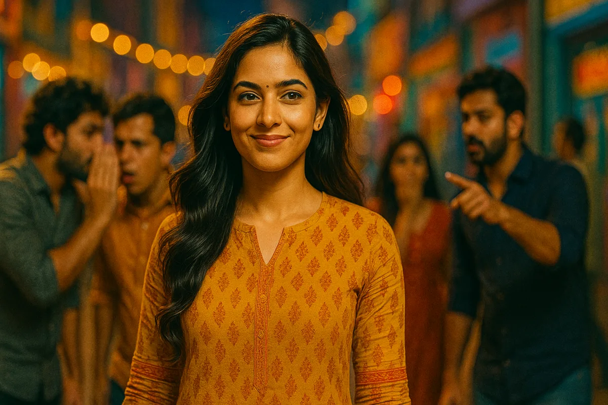 వెనకాల కొందరు గుసగుసలు పడుతుంటే, ముందువైపు ఒక అమ్మాయి కాన్ఫిడెంట్‌గా స్మైల్ చేస్తూ ముందుకు నడుస్తున్న సీన్.