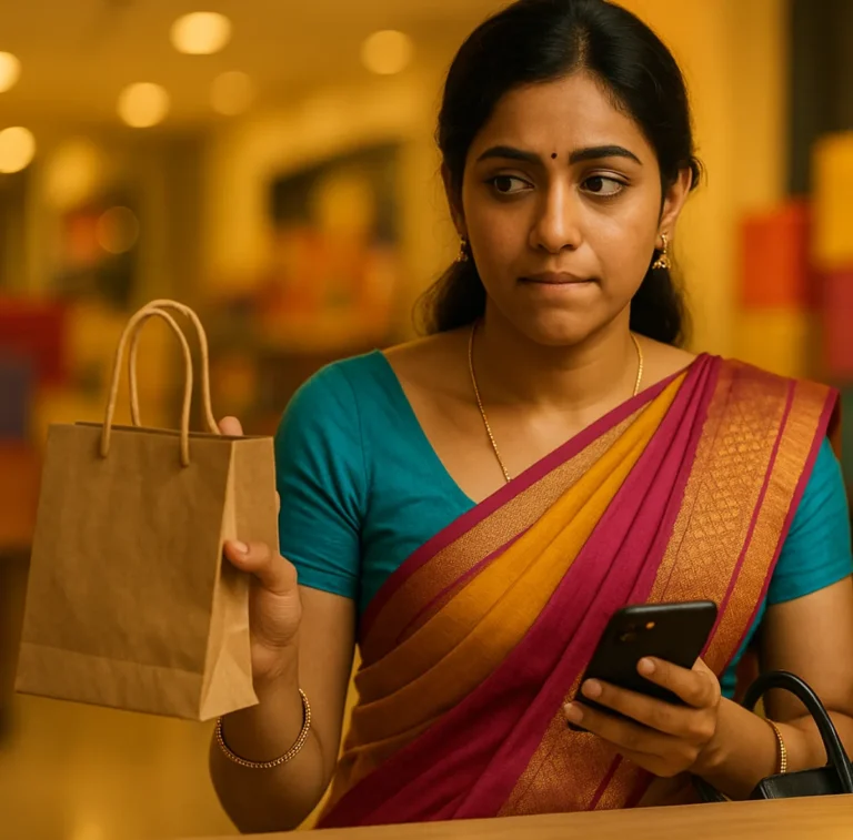 "దసరా గిఫ్ట్స్ ఎక్స్చేంజ్ చేస్తూ ఏ గిఫ్ట్ రిసిప్రొకేట్ చేయాలో కన్ఫ్యూజ్ అవుతున్న యువతి"