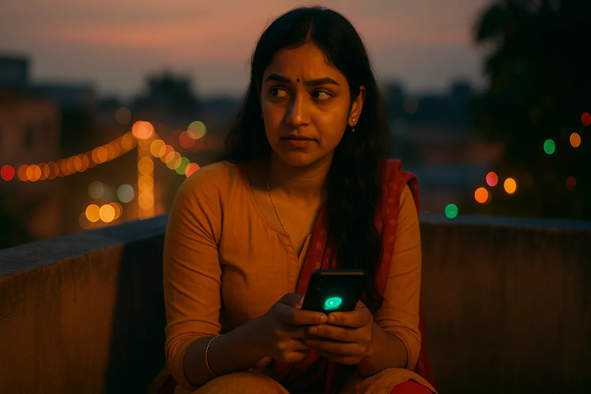 "దసరా లైట్లు మెరుస్తున్నా ఒంటరితనంగా ఫోన్ పట్టుకుని కూర్చున్న యువతి – ఫెస్టివల్‌లో లోన్లీ ఫీలింగ్"