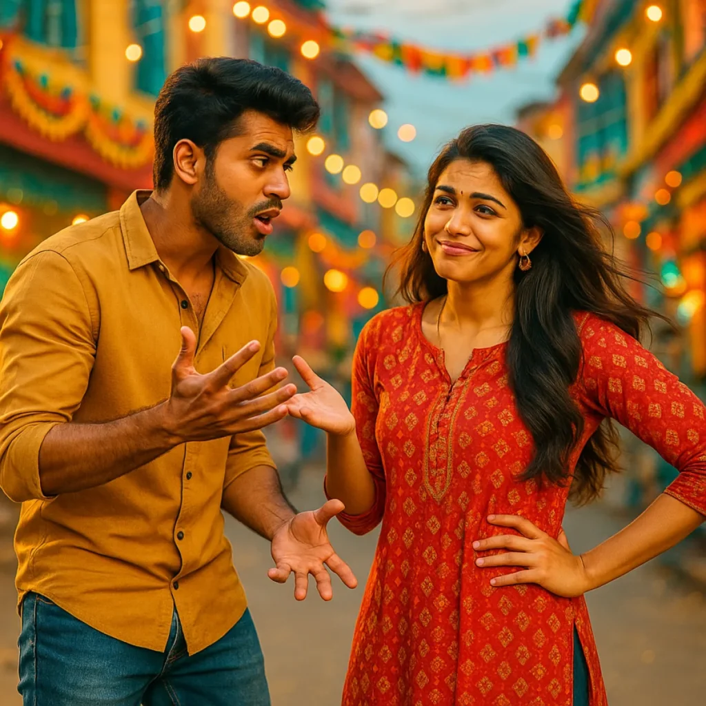 కలర్ఫుల్ వీధిలో జంట మధ్య సరదాగా జరిగే వాదన – అబ్బాయి సీరియస్గా చెబుతుంటే అమ్మాయి చిరునవ్వుతో లైట్గా తీసుకుంటుంది.