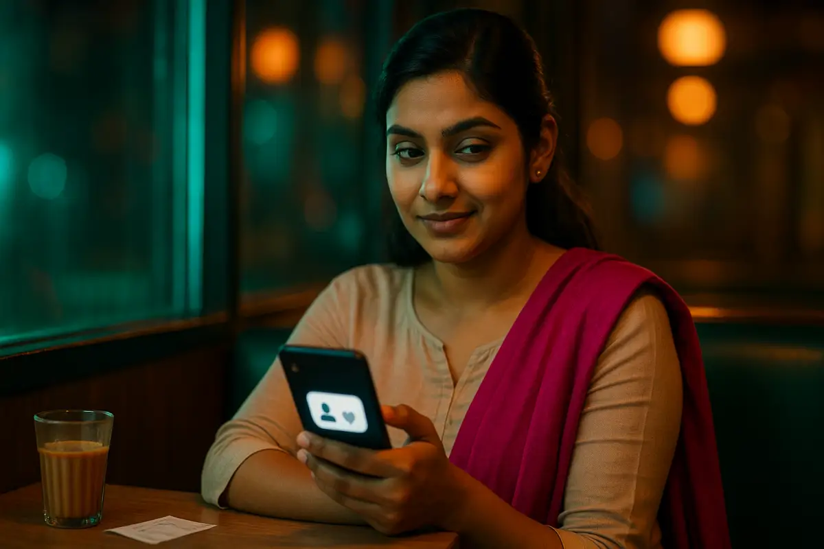 కేఫ్ లో కూర్చుని ఫోన్ చూస్తూ ఆలోచనాత్మక వైఖరిలో ఉన్న అమ్మాయి, వెనుకేరుండ వార్మ్ లైట్స్