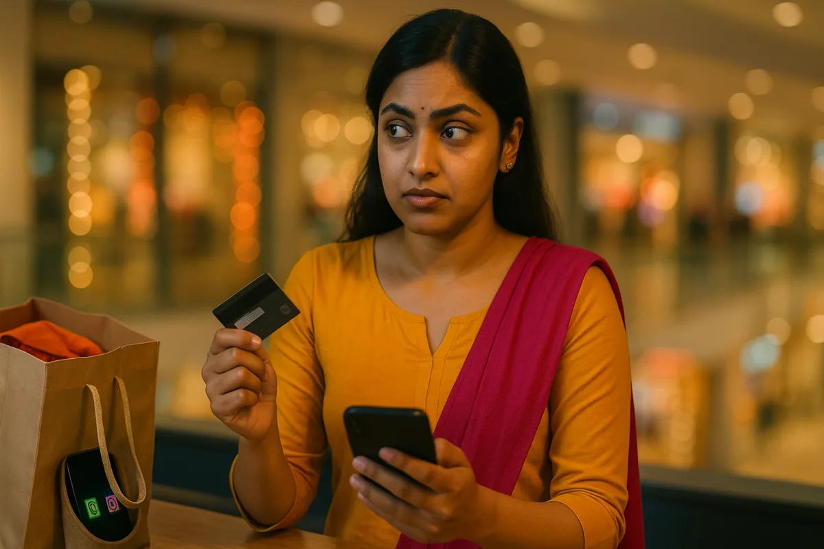 "ఫెస్టివల్ షాపింగ్‌లో కార్డ్ స్వైప్ చేస్తూ ఆలోచనలో పడిన యువతి – కొనుగోలు వాలిడేషన్ కోసం కన్‌ఫ్యూజ్"