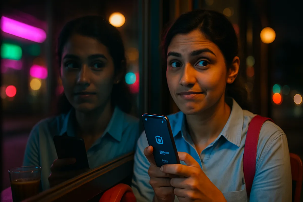 విండో రిఫ్లెక్షన్ లో ఫోన్ చూస్తూ కన్ఫ్యూజన్ లో ఉన్న అమ్మాయి