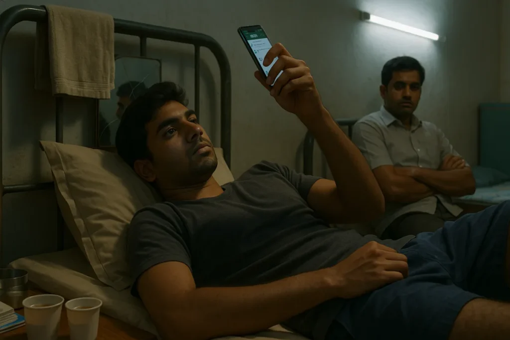 హాస్టల్ గదిలో పడుకొని ఫోన్‌లో "మిస్ యూ" మెసేజ్ చూసి గోస్టింగ్‌తో ఇబ్బంది పడుతున్న యువకుడు