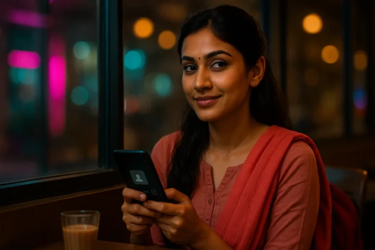 కేఫ్ లో కూర్చుని ఫోన్ చూస్తూ ఆలోచనలో ఉన్న అమ్మాయి