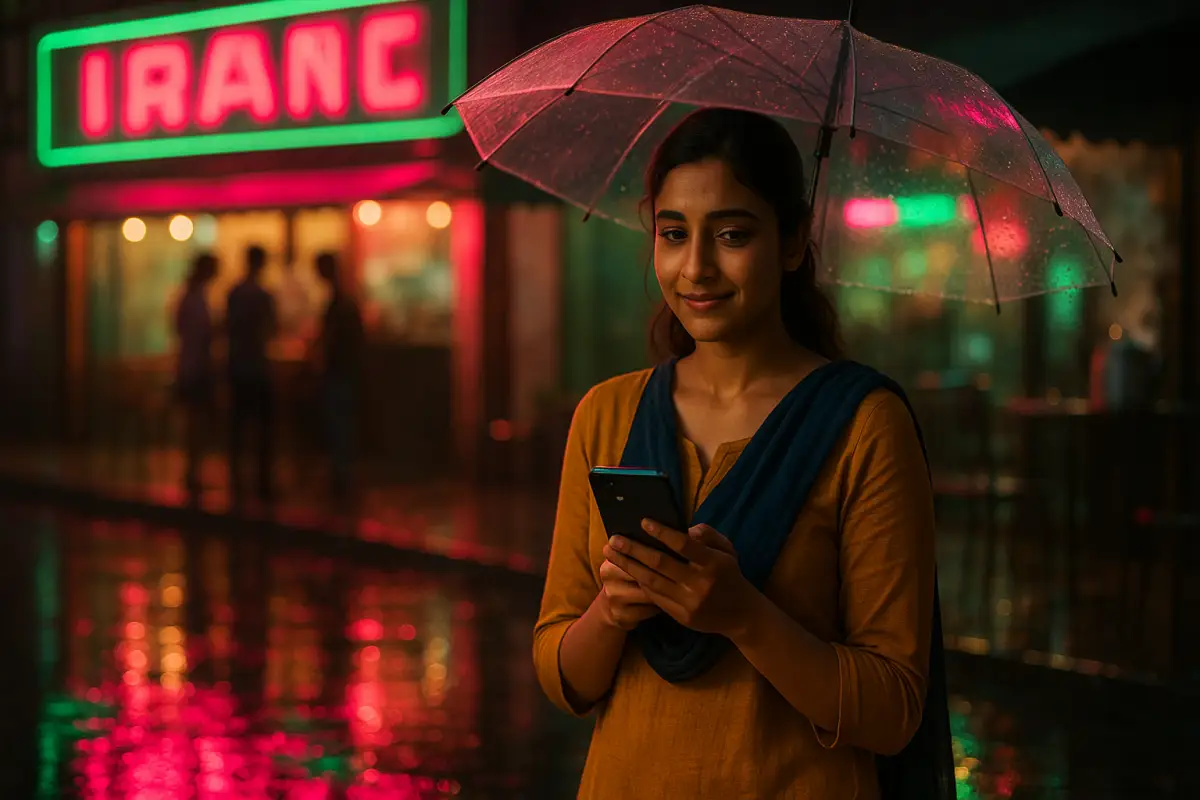 వర్షంలో గొడుగు పట్టుకుని ఫోన్ చూస్తూ నియాన్ లైట్స్ వెలుగులో నిలబడి ఉన్న అమ్మాయి