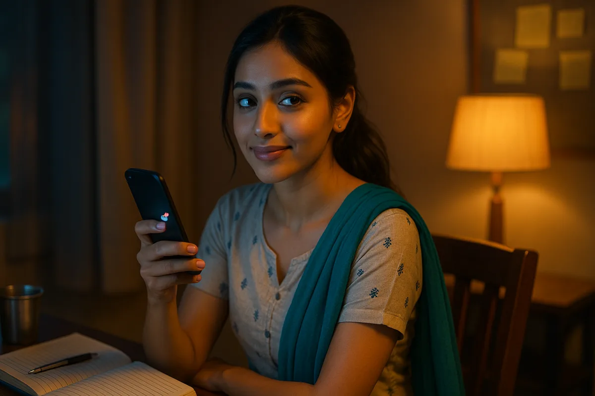 ఇంట్లో కూర్చుని ఫోన్ చూస్తూ అలసిపోయిన లుక్ తో ఉన్న అమ్మాయి