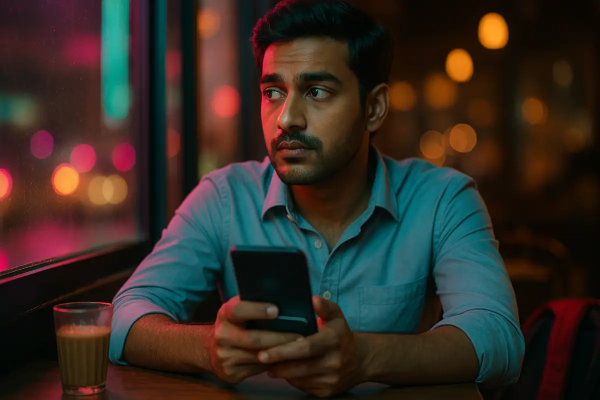 కేఫ్ లో కూర్చుని ఫోన్ చూస్తూ ఆలోచనలో మునిగిపోయిన యువకుడు, నియాన్ లైట్స్ వెనుకేరుండ"రీల్స్ స్క్రోల్ చేస్తూ...