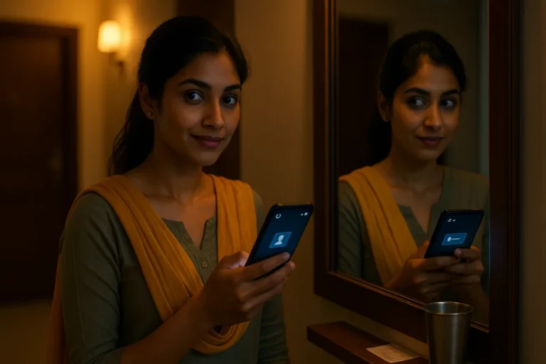 అద్దం ముందు ఫోన్ చూస్తూ ఆలోచనలో ఉన్న అమ్మాయి