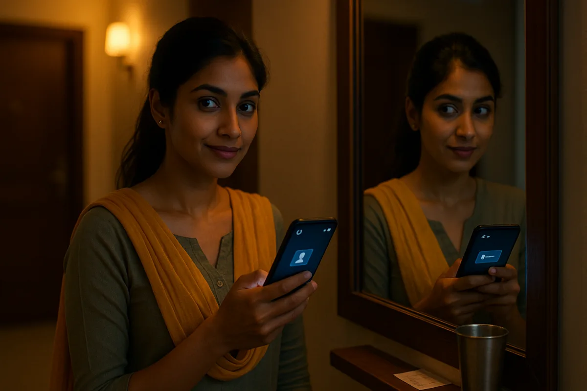 అద్దం ముందు ఫోన్ చూస్తూ ఆలోచనలో ఉన్న అమ్మాయి