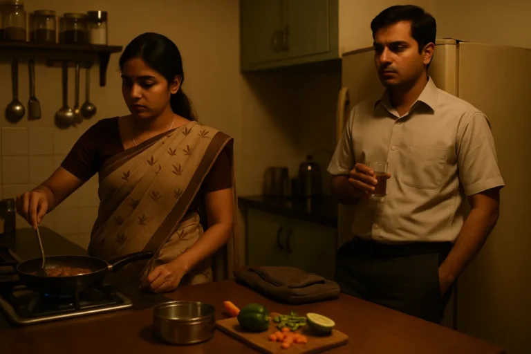 కిచెన్‌లో వంట చేస్తున్న భార్య, నిశ్శబ్దంగా టీ గ్లాస్ పట్టుకుని నిలబడ్డ భర్త – దాంపత్య విభేదాల తర్వాతి వాతావరణం