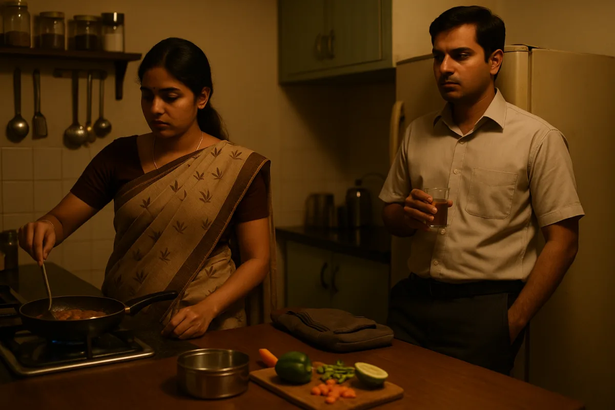 కిచెన్‌లో వంట చేస్తున్న భార్య, నిశ్శబ్దంగా టీ గ్లాస్ పట్టుకుని నిలబడ్డ భర్త – దాంపత్య విభేదాల తర్వాతి వాతావరణం