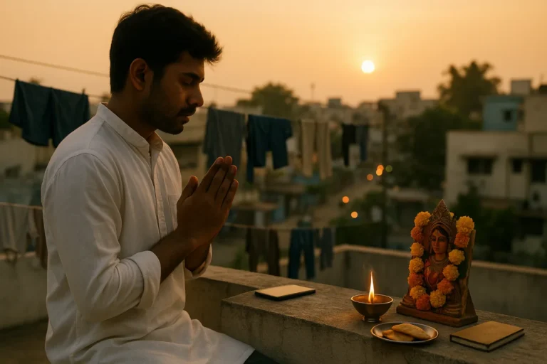 ఉదయాన్నే టెర్రస్‌పై శైలపుత్రి అమ్మవారిని పూజిస్తున్న యువకుడు – భక్తి, పవిత్రతతో నిండిన మొదటి రోజు దసరా పూజ.