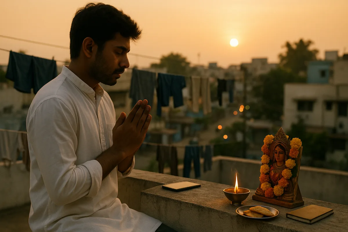 ఉదయాన్నే టెర్రస్‌పై శైలపుత్రి అమ్మవారిని పూజిస్తున్న యువకుడు – భక్తి, పవిత్రతతో నిండిన మొదటి రోజు దసరా పూజ.