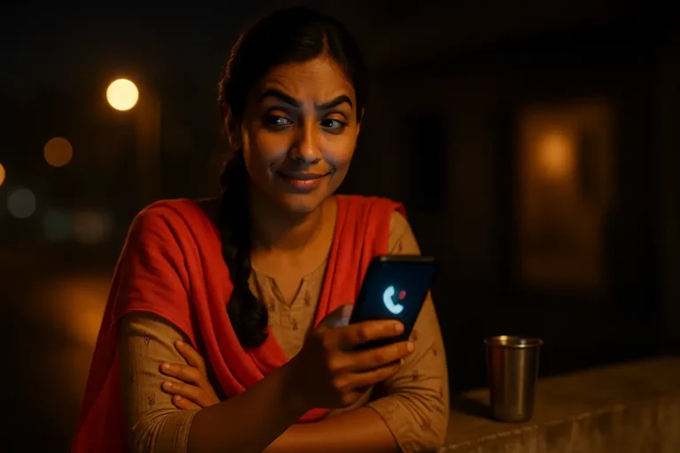 రాత్రి వేళ ఇన్కమింగ్ కాల్ వచ్చిన ఫోన్ పట్టుకుని చూస్తున్న అమ్మాయి, టెన్షన్ లో ఉన్న ముఖం