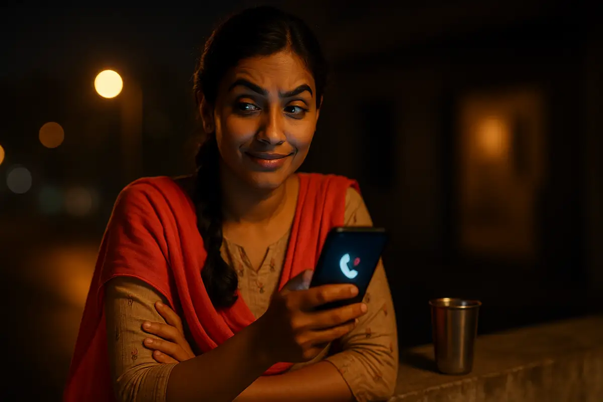రాత్రి వేళ ఇన్కమింగ్ కాల్ వచ్చిన ఫోన్ పట్టుకుని చూస్తున్న అమ్మాయి, టెన్షన్ లో ఉన్న ముఖం