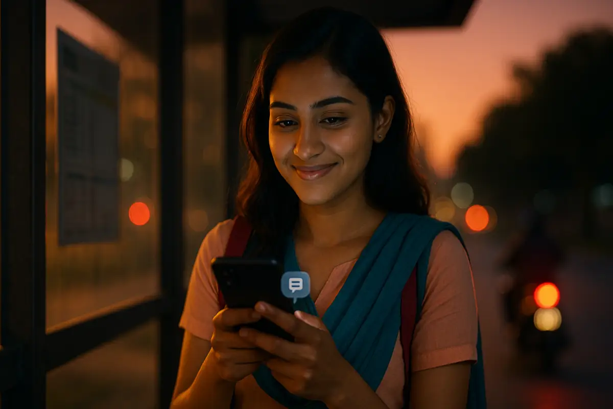 సాయంత్రం వేళ ఫోన్ లో మెసేజ్ చూసి సంతోషంగా నవ్వుతున్న అమ్మాయి, వెనుకేరుండ వార్మ్ లైట్స్