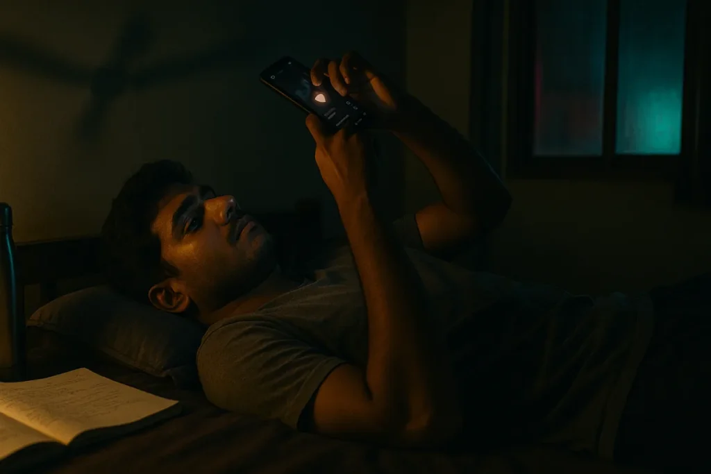 "రాత్రి మంచం మీద ఫోన్ స్క్రోల్ చేస్తూ రిల్స్ లైక్స్ని ఓవర్థింక్ చేస్తున్న యువకుడు"
