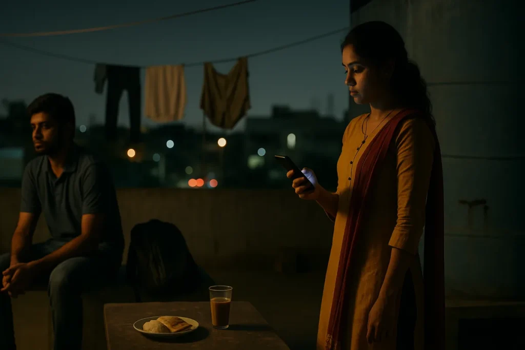 రాత్రి వేళలో రూఫ్‌టాప్‌లో మౌనంగా కూర్చున్న జంట – ఒకరు ఫోన్‌లో, మరొకరు సంబంధం గురించి ఆలోచనలో.