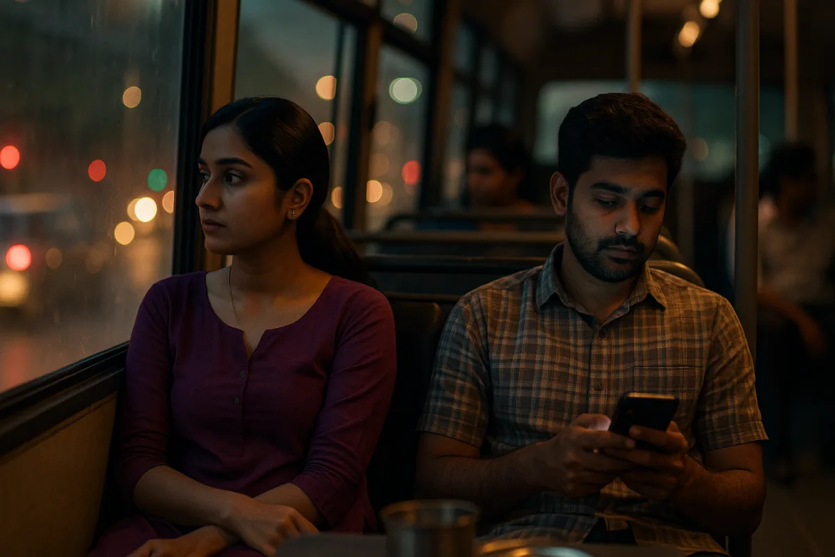 బస్సులో పక్కపక్కన కూర్చున్న జంట – అమ్మాయి కిటికీ వైపు చూస్తూ నిర్లక్ష్యం చూపుతుంది, అబ్బాయి మొబైల్‌లో మునిగిపోయి ఉంటాడు.