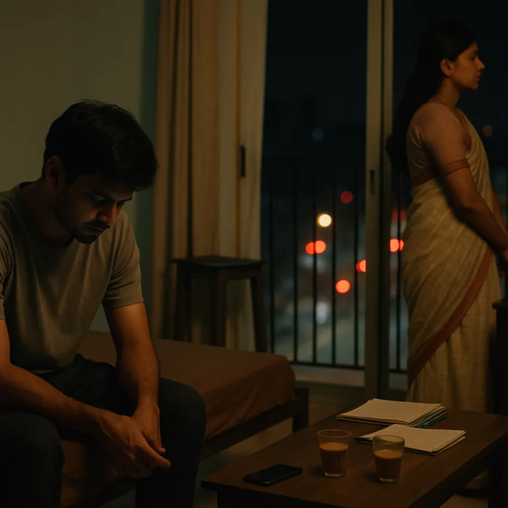 రాత్రి గదిలో భర్త భార్య ఇద్దరూ కోపంగా మౌనంగా కూర్చున్న సీన్.