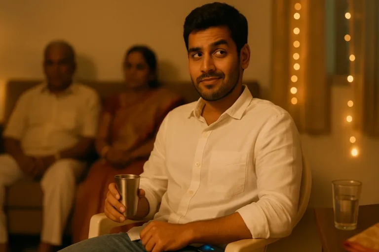 "ఫ్యామిలీ గ్యాదరింగ్‌లో రిలేటివ్స్ 'పెళ్లి ఎప్పుడు?' అని అడిగినప్పుడు కప్ పట్టుకుని సైలెంట్‌గా స్మిర్క్ చేస్తున్న యువకుడు"