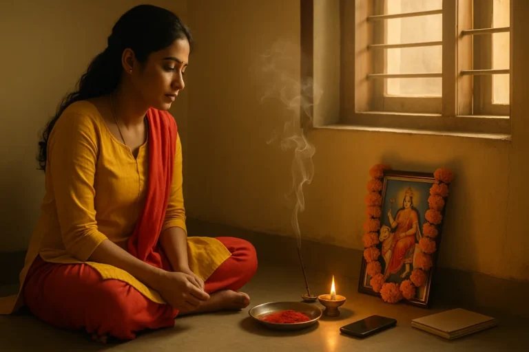 శైలపుత్రి దేవి ఫోటో ముందు దీపం వెలిగించి పూజ చేస్తున్న యువతి – ఆశీర్వాదాల కోసం భక్తితో ప్రార్థన.