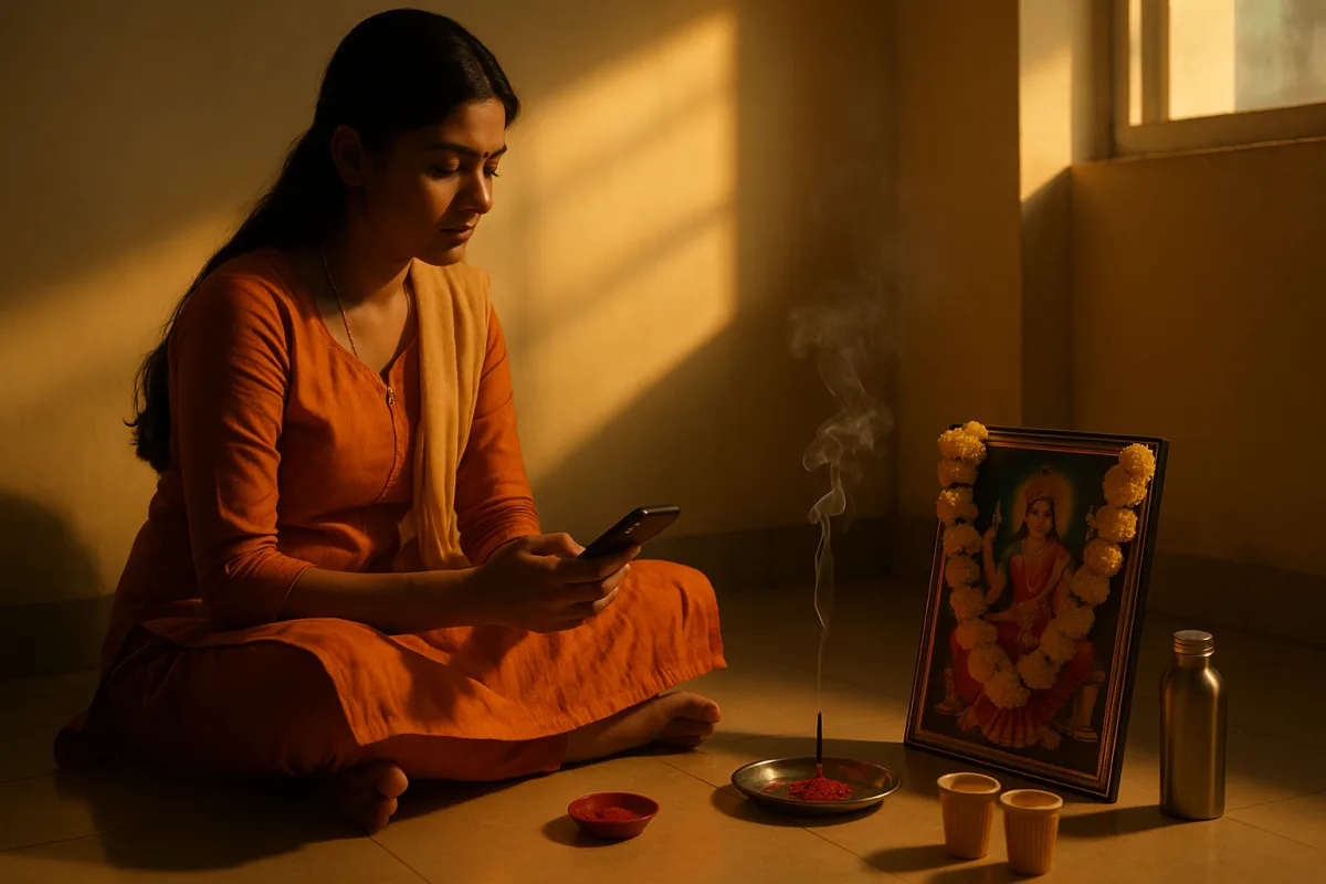 శైలపుత్రి దేవి పూజలో ఫోన్ చూసుకుంటూ ఆలోచనల్లో మునిగిన యువతి. జీవిత మార్పు కోసం ప్రార్థన.