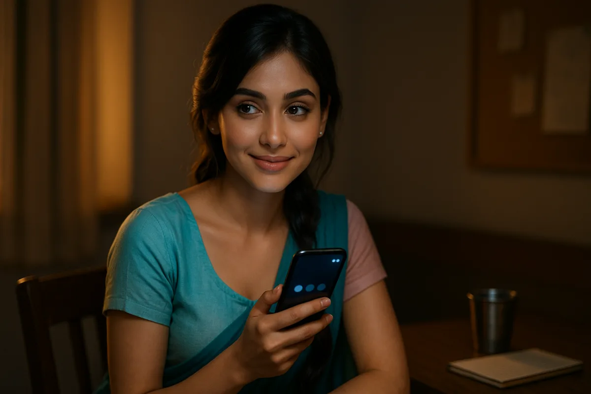 ఇంట్లో కూర్చుని ఫోన్ చూస్తూ ఆలోచనలో ఉన్న అమ్మాయి