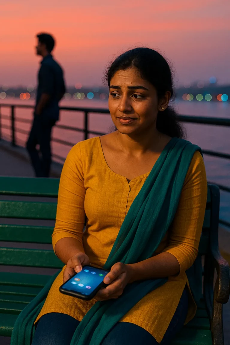 సాయంత్రం వేళ బెంచ్ మీద కూర్చుని ఫోన్ చూస్తున్న అమ్మాయి, వెనుకగా ఒక వ్యక్తి నిలబడి ఉన్న దృశ్యం