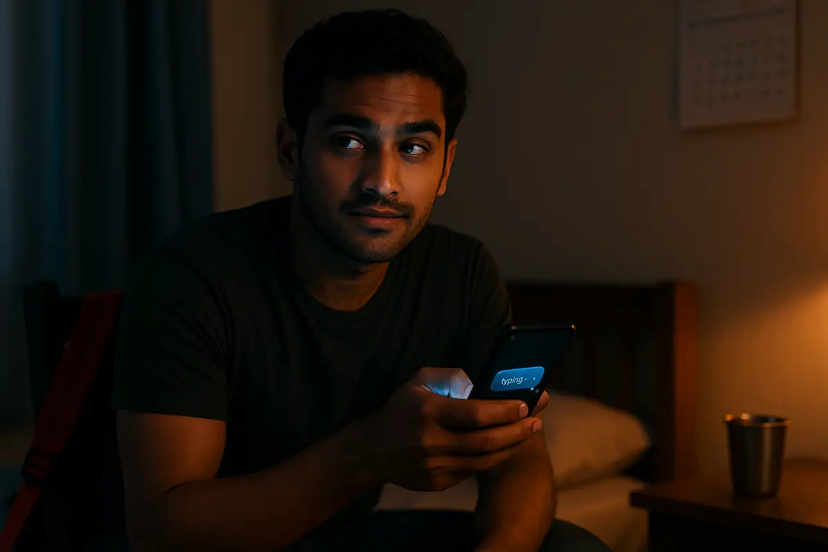 ఇంట్లో కూర్చుని ఫోన్ చూస్తూ ఆలోచనలో మునిగిపోయిన అబ్బాయి, స్క్రీన్ లో టైపింగ్ ఇండికేటర్ కనిపిస్తోంది