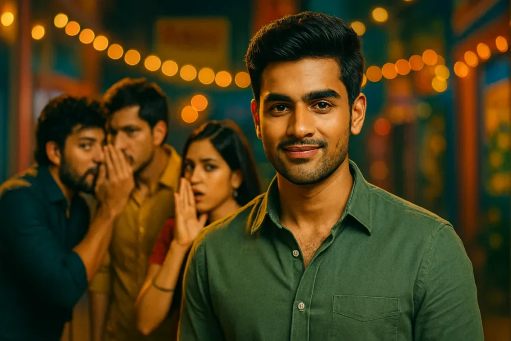 వెనకాల ముగ్గురు సీక్రెట్‌గా గుసగుసలు మాట్లాడుతుంటే, ముందువైపు ఒక యువకుడు కాన్ఫిడెంట్‌గా నవ్వుతున్న సీన్.