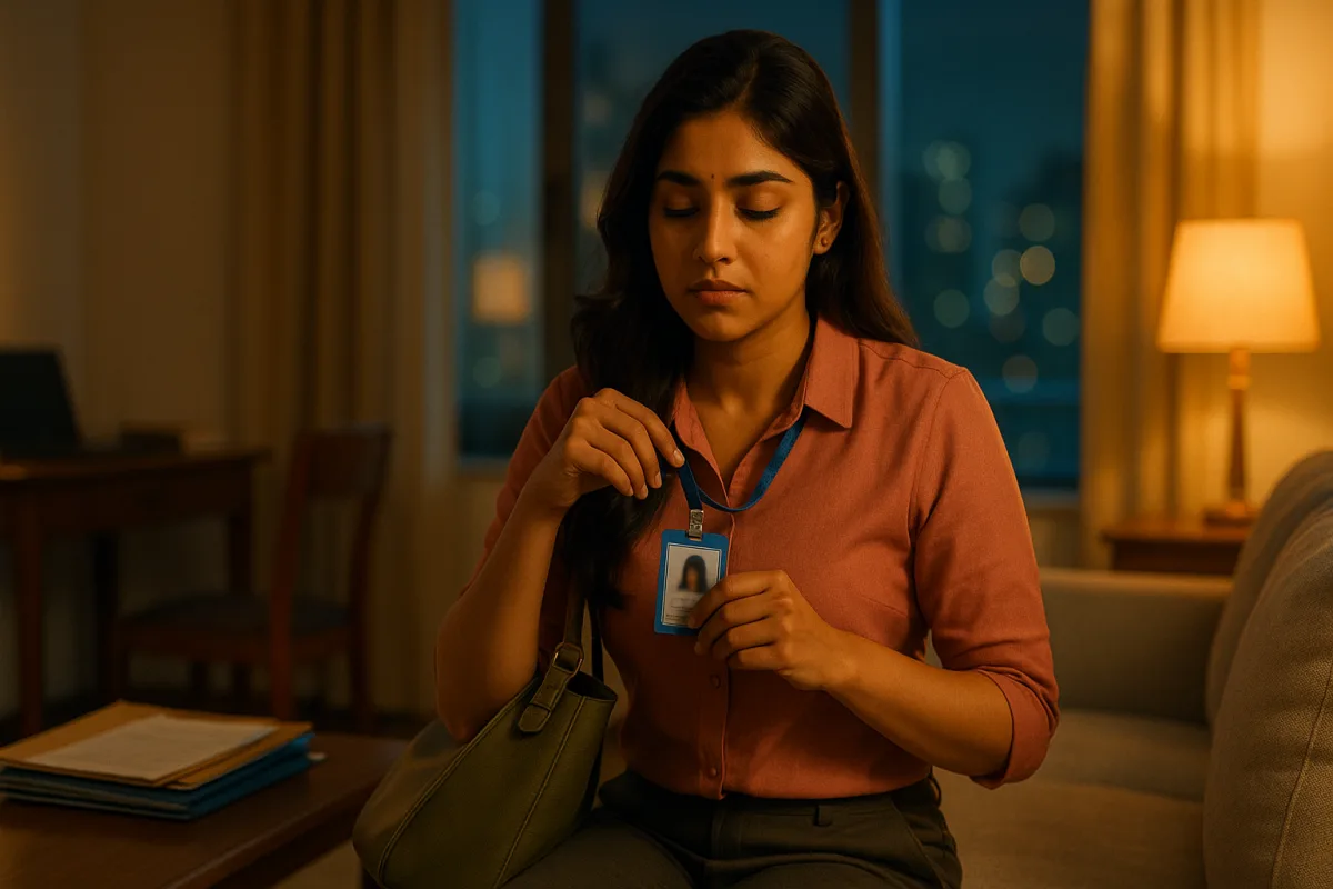 ఆఫీస్ బ్యాడ్జ్ పట్టుకుని మౌనంగా కూర్చున్న తెలుగు అమ్మాయి, ముఖంలో అలసట మరియు ఆలోచనల మిశ్రమం.