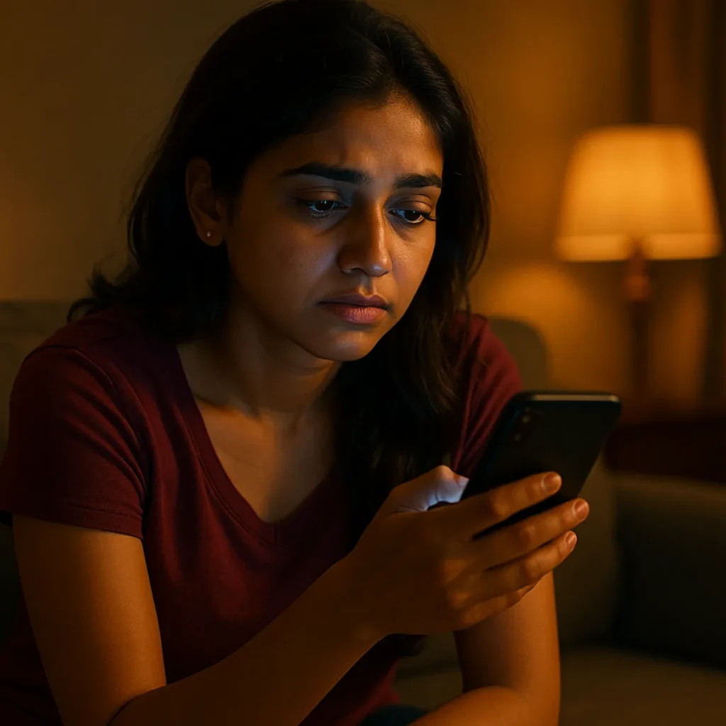 రాత్రి గదిలో సోఫాపై కూర్చుని మొబైల్‌లో ఏదో చూస్తూ నిరాశతో ఉన్న యువతి. వెనుక దీపం వెలుగులో ఆలోచనల్లో మునిగిపోయినట్లు కనిపిస్తోంది.