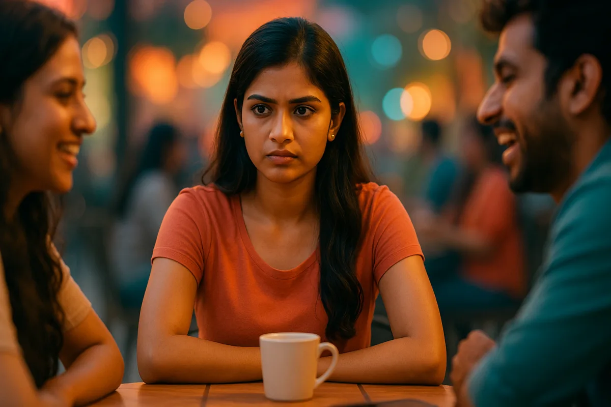 టేబుల్ వద్ద కాఫీతో కూర్చొని, పక్కవారు నవ్వుతుండగా సీరియస్‌గా ఉన్న తెలుగు యువతి.