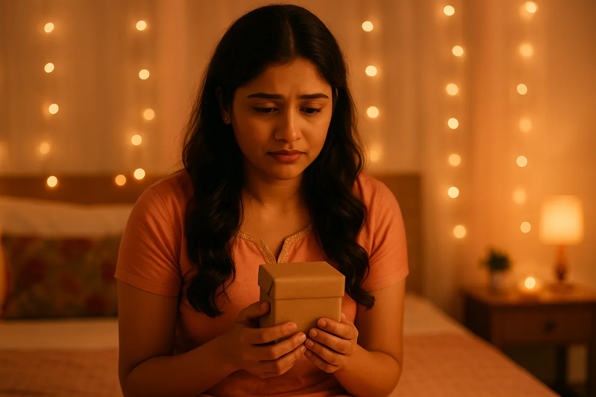 రాత్రి లైట్ల వెలుతురులో మంచంపై కూర్చుని చిన్న గిఫ్ట్ బాక్స్ పట్టుకుని విచారంగా చూస్తున్న యువతి.