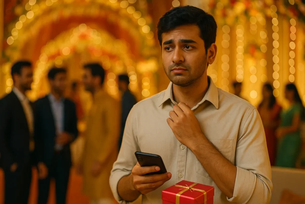 పెళ్లి వేడుకలో చేతిలో గిఫ్ట్, మొబైల్ పట్టుకుని ఆలోచనల్లో మునిగిపోయిన యువకుడు. వెనుకపడ్డ లైట్లు, జనసమూహం మసకబారగా కనిపిస్తున్నాయి.