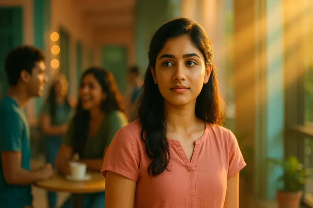 సూర్యకిరణాల మధ్య ఆలోచనలో మునిగిపోయిన యువ తెలుగు అమ్మాయి, వెనుక స్నేహితులు నవ్వుతూ మాట్లాడుతున్నారు.