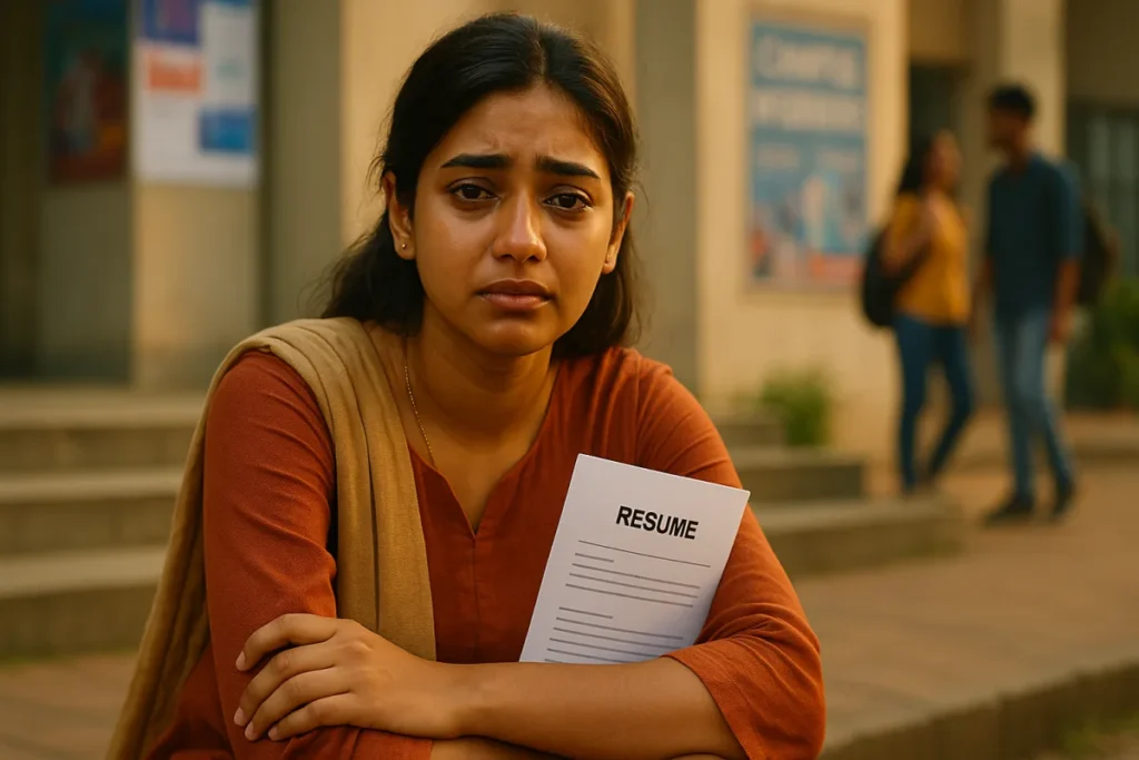 క్యాంపస్ ఇంటర్వ్యూ తర్వాత యువతి రిజ్యూమ్ చేతిలో పట్టుకొని బాధగా బయట కూర్చుంది. ముఖంలో నిరాశ, భయమూ, ఆత్మవిశ్వాసం కోల్పోయిన భావం కనిపిస్తోంది. వెనుక ఇతర విద్యార్థులు మాట్లాడుకుంటూ వెళ్తున్నారు.