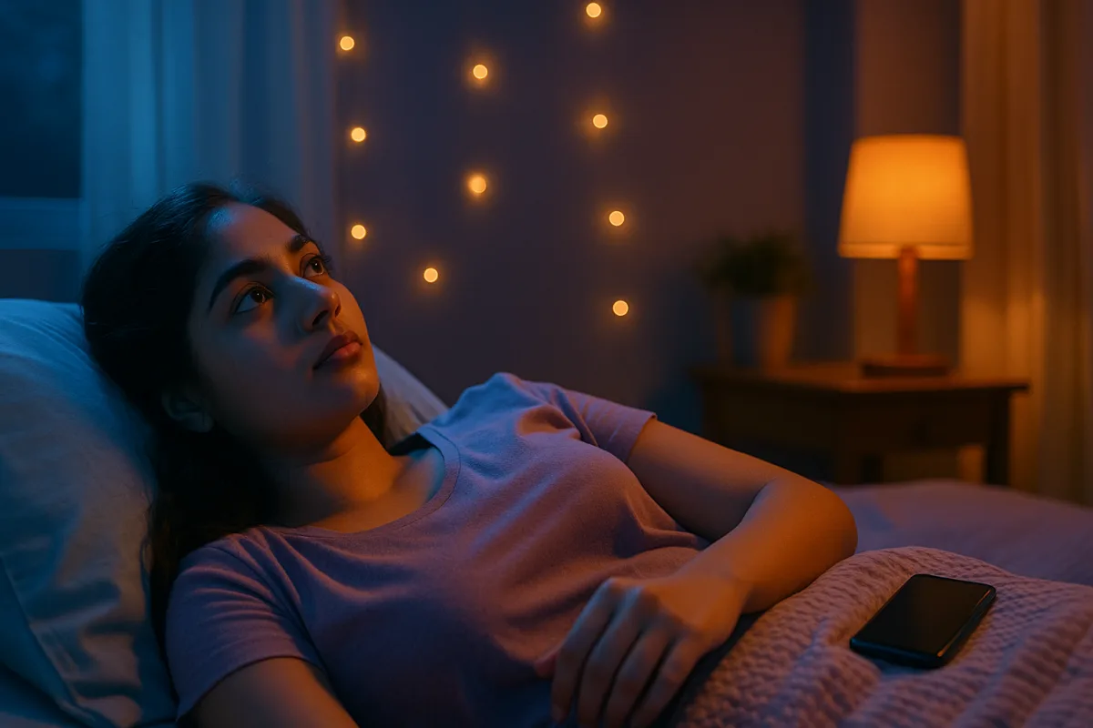 రాత్రి మంచంపై పడుకుని పైకి చూస్తూ ఆలోచనలో మునిగిపోయిన తెలుగు అమ్మాయి, పక్కన ఫోన్ ఉంది, గదిలో లైట్ మసకగా వెలుగుతోంది.